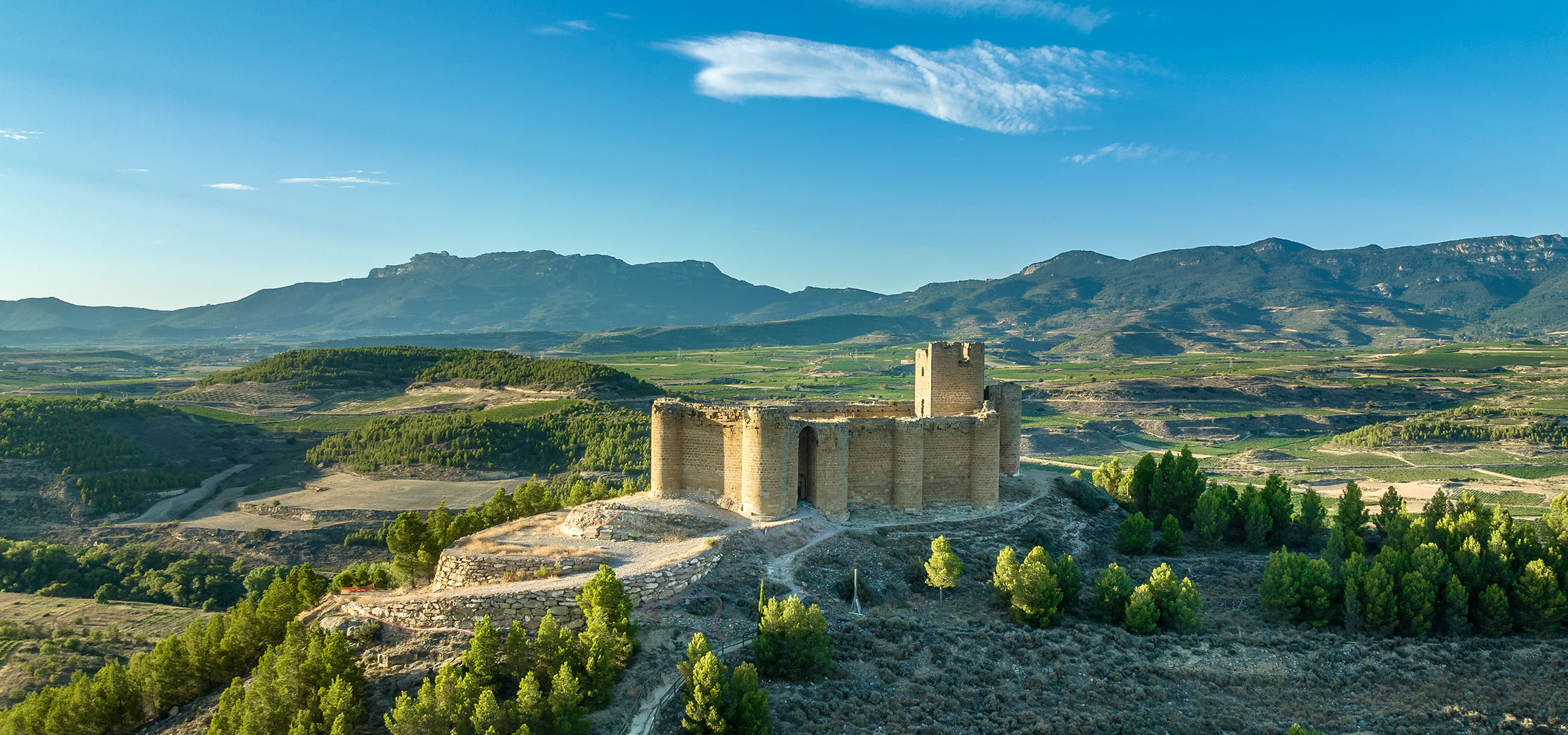 Ruines d'un ancien château sur une colline surplombant une vallée avec vignobles et montagnes.