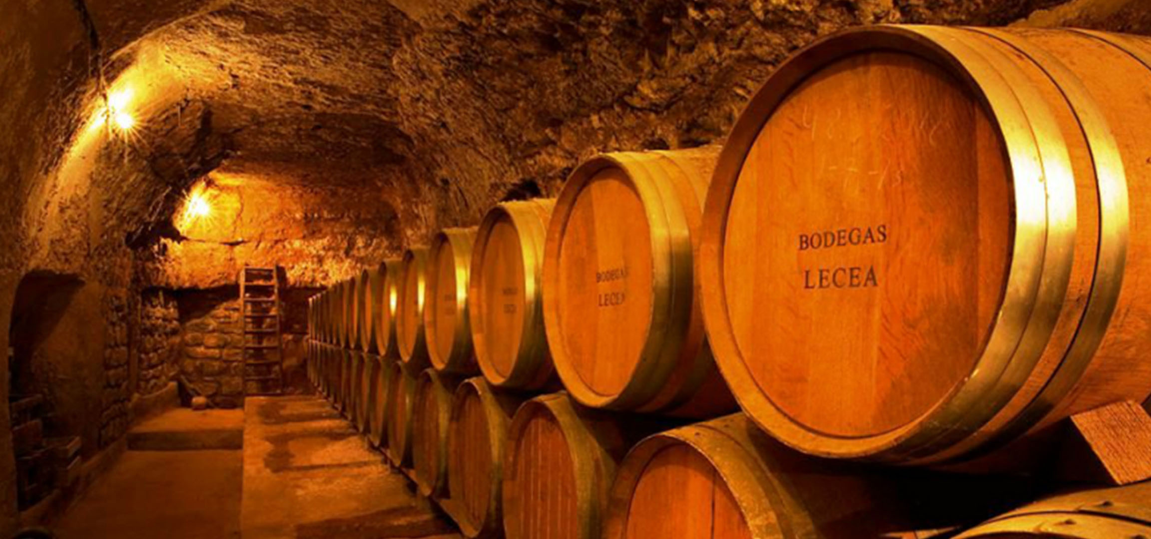 Cave à vin avec fûts en bois, certains étiquetés « BODEGAS LECEA »