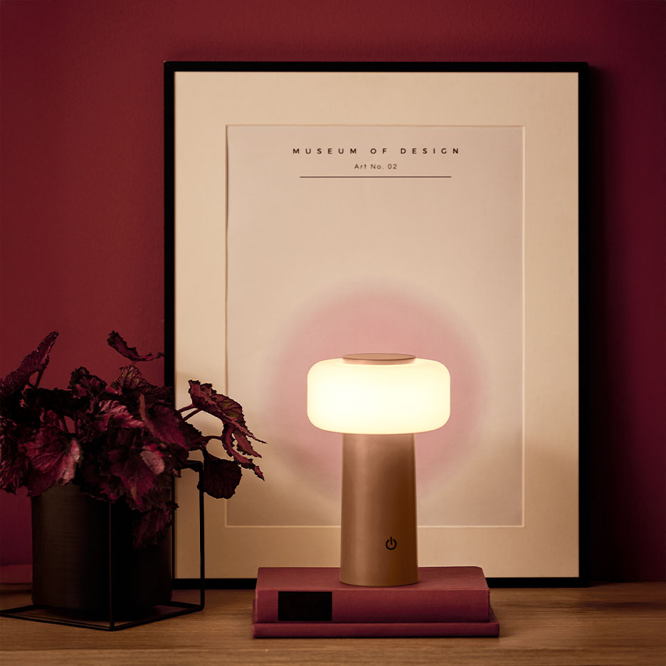 Lampe de table portable sur des livres, avec une plante et une affiche en arrière-plan.