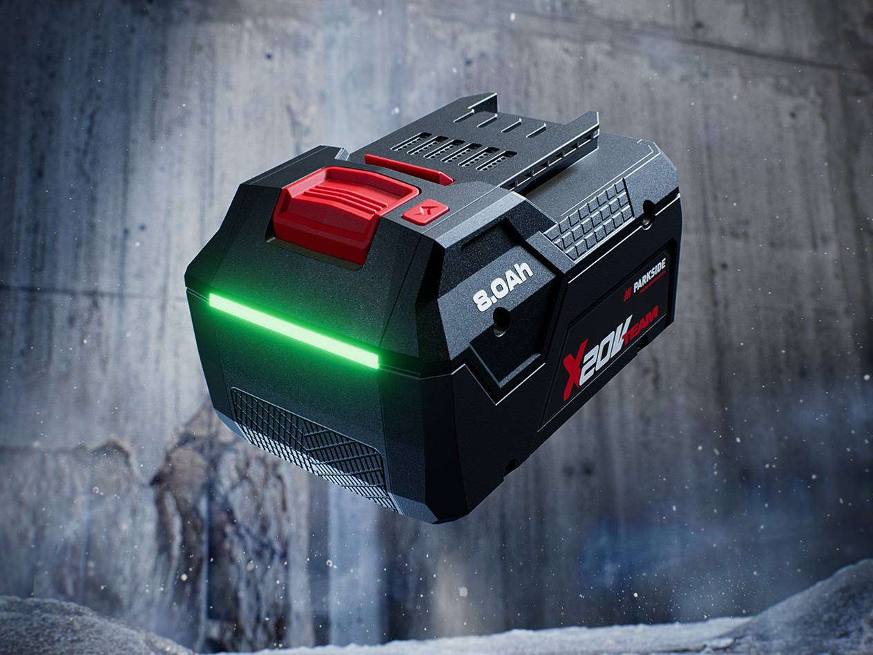 Batterie Parkside X 20V Team 8.0Ah avec un indicateur de charge vert vif.