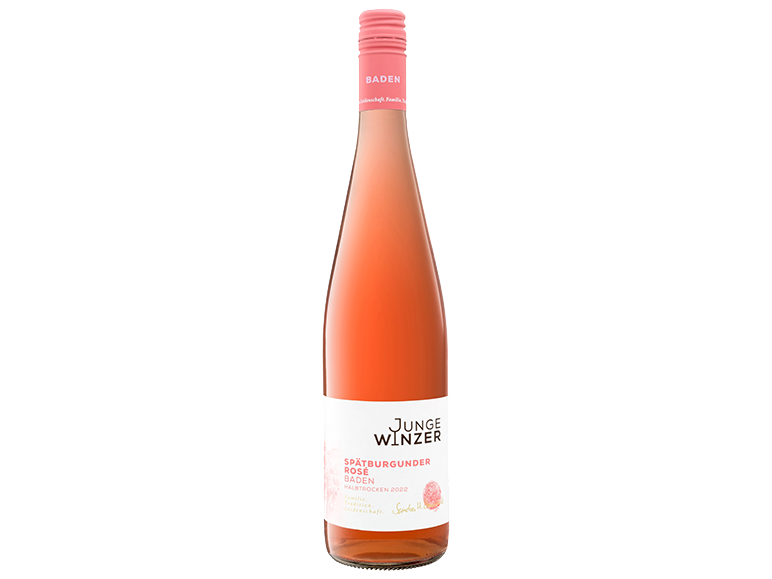 Une bouteille de vin Junge Winzer Spätburgunder Rosé avec une étiquette rose.