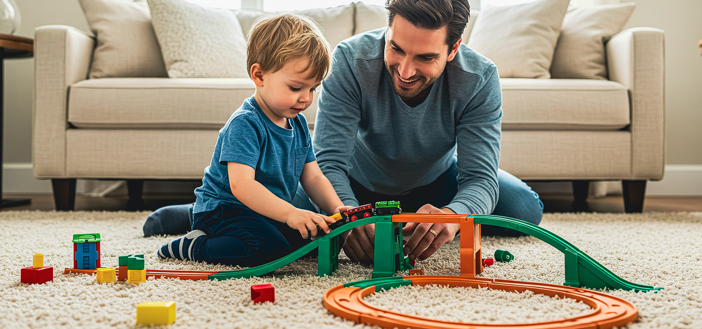 Père et fils jouant avec un train miniature sur le tapis du salon.