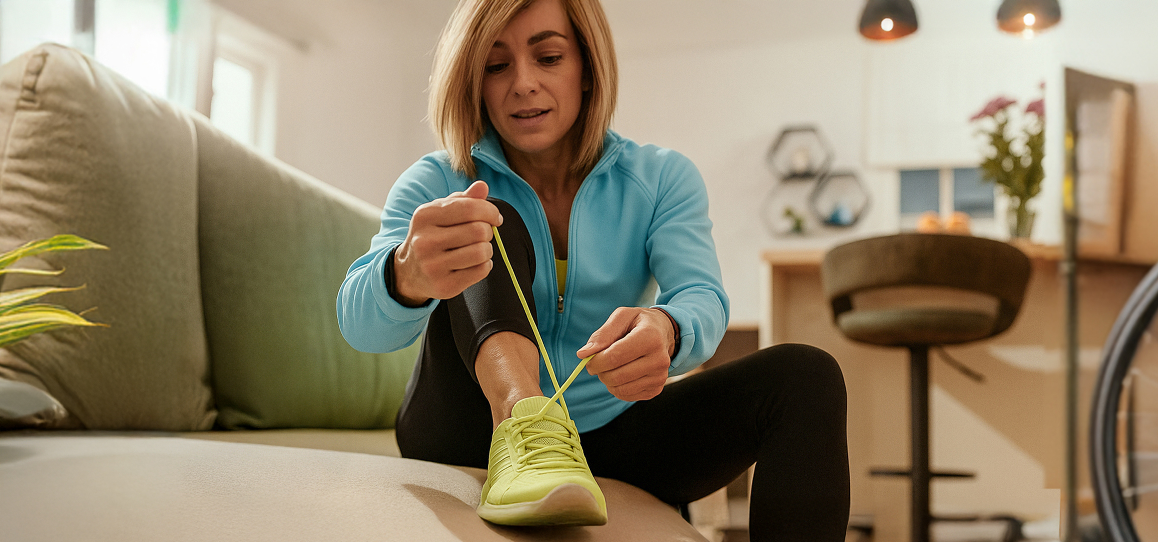 Femme attachant ses lacets de chaussures de sport, se préparant à l'exercice.