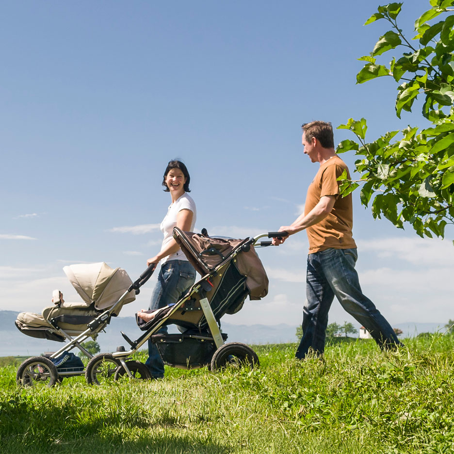 Une famille se promène dans un champ avec une poussette.
