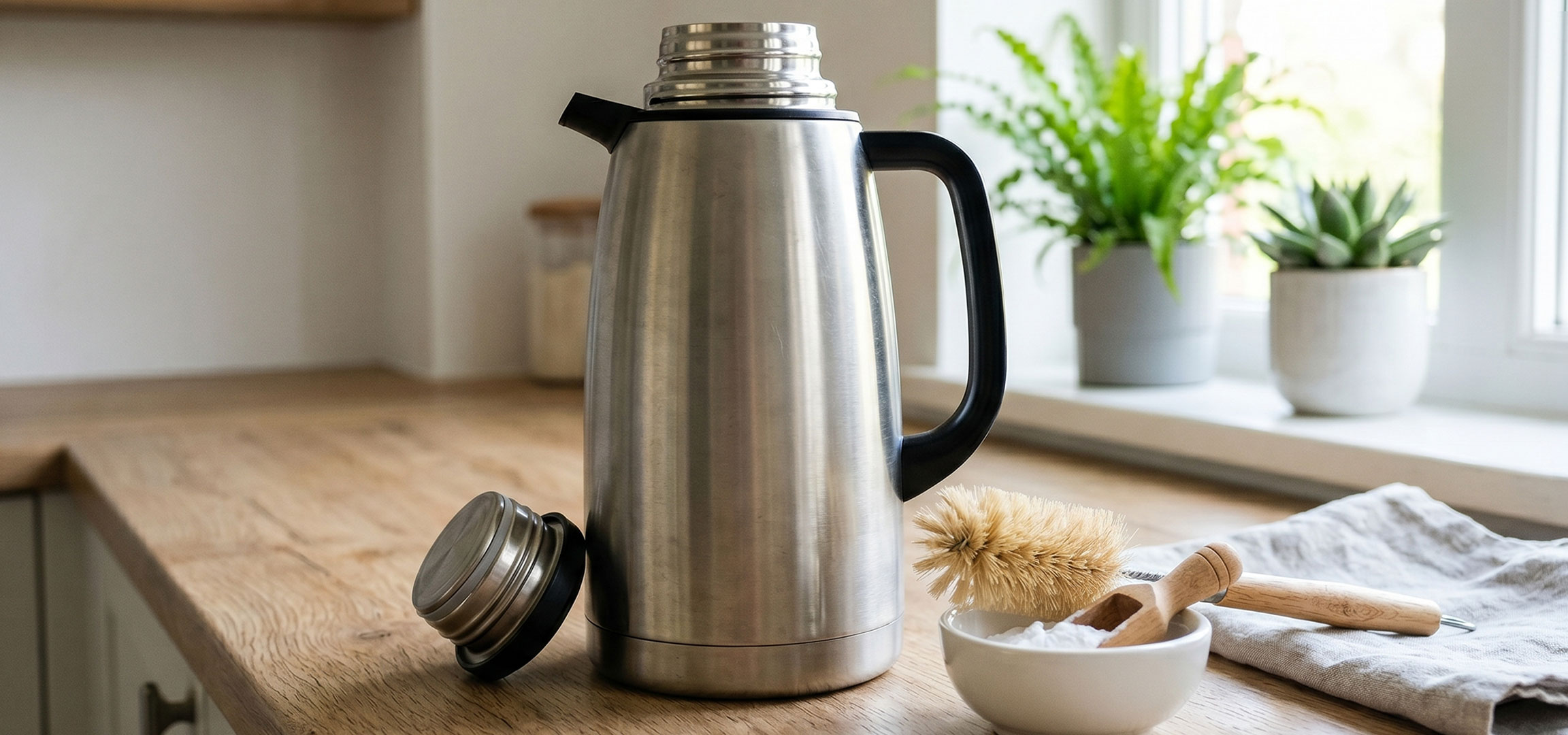 Généré par IA: Thermos en acier inoxydable sur un comptoir de cuisine avec brosse et bicarbonate de soude.