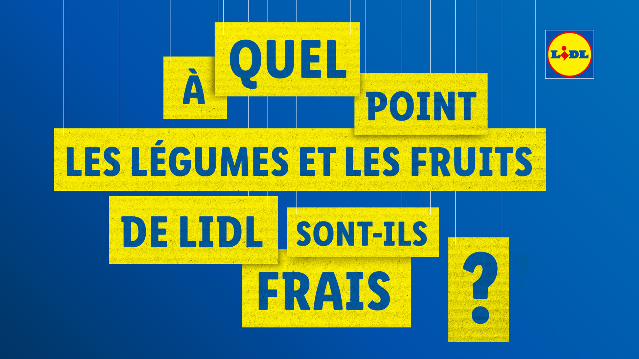 Question sur la fraîcheur des légumes et fruits, avec des mots jaunes sur fond bleu.