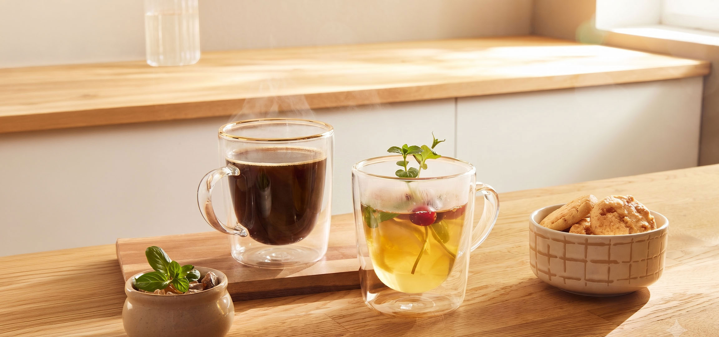 Généré par IA: Deux tasses de boissons chaudes et un bol de biscuits sur une table en bois dans une cuisine.