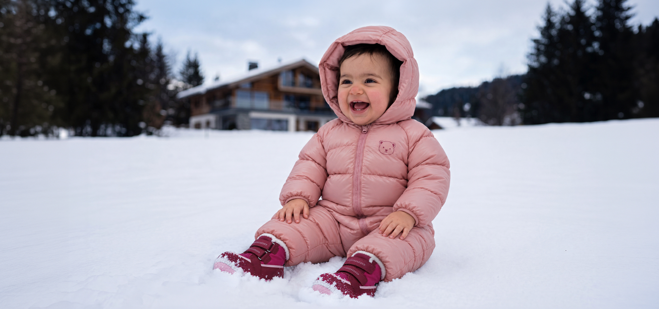 Généré par IA: Bébé souriant dans une combinaison de ski rose assis dans la neige.