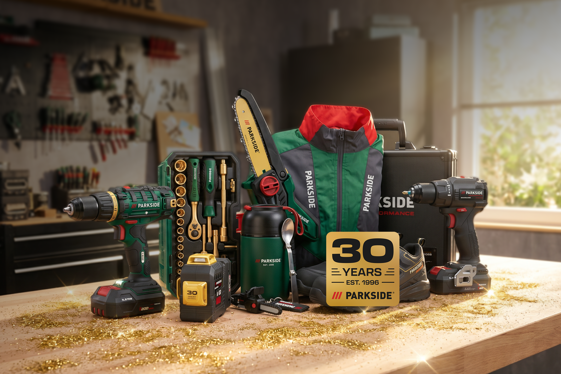 Généré par IA: Outils électriques et accessoires sur une surface en bois avec un logo '30 ans'.