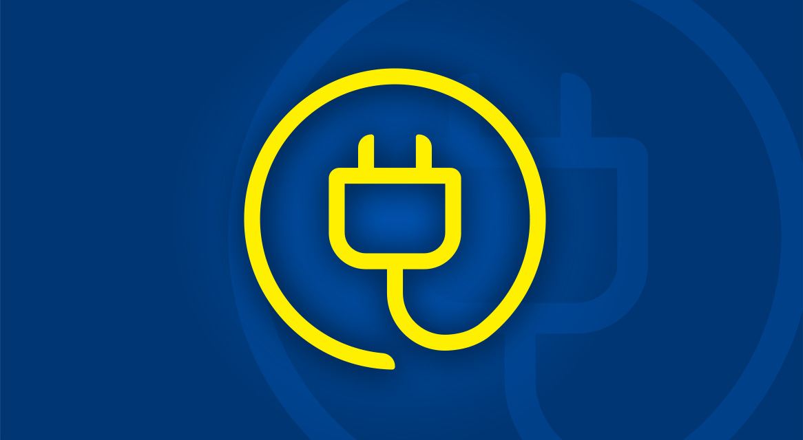 Symbole électrique jaune sur fond bleu foncé.