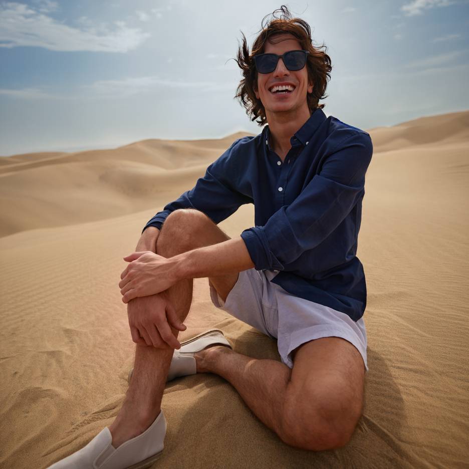 Homme souriant en chemise bleue et short, assis sur des dunes de sable.