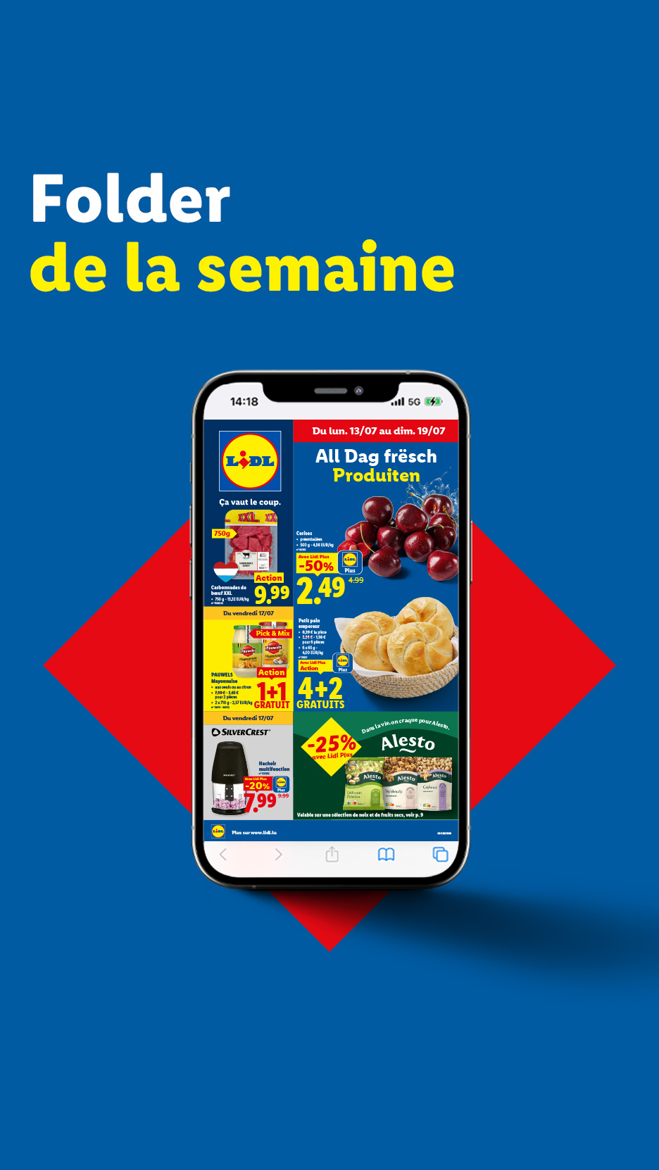 Un dépliant numérique de la semaine de Lidl, présentant des cerises, de la viande de bœuf et de la mayonnaise.