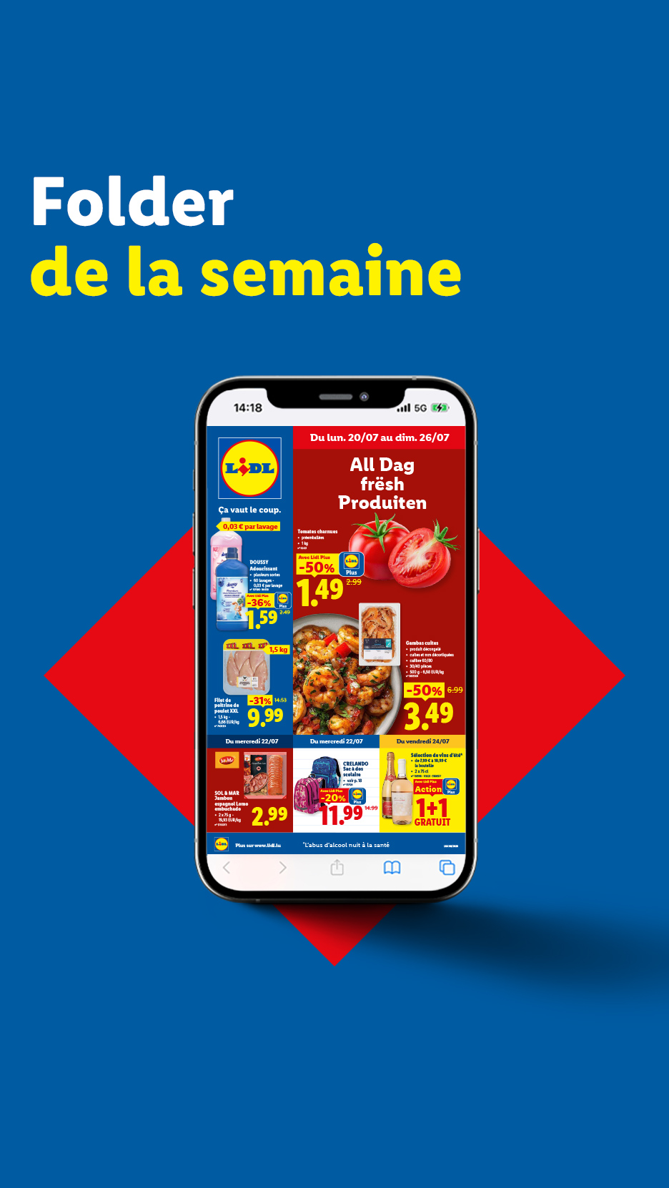 Une publicité pour des produits frais, des articles ménagers et des offres spéciales, avec le texte 'Folder de la semaine'.